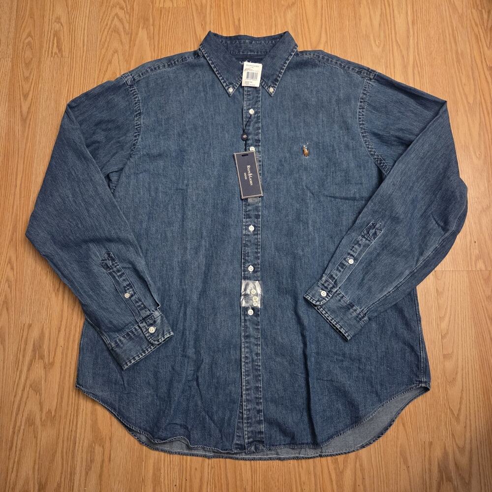 Vintage Polo Ralph Lauren Classic Fit Blue Denim Button-Down Shirt Mens 2XL NWT